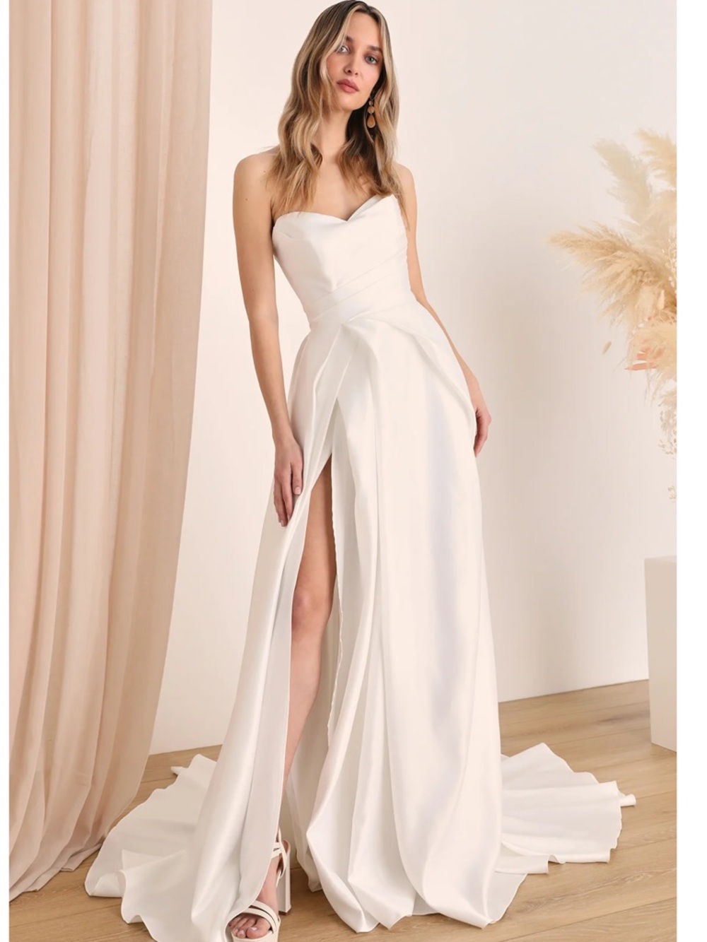 Lulus Lifetime of Love White Satin Strapless A-Line Slit Maxi Wedding Gown NWT
